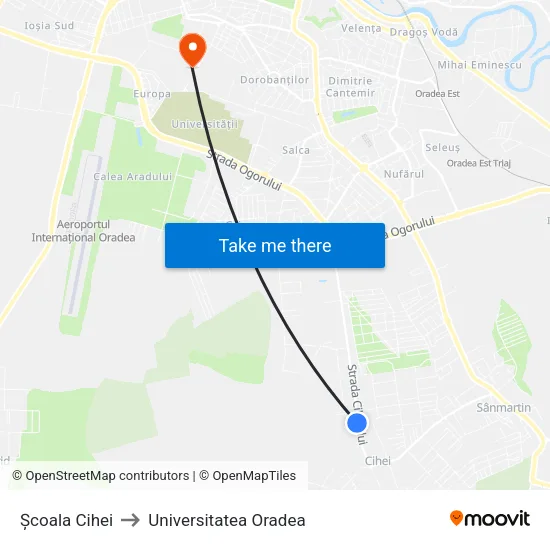 Cihei | Școală to Universitatea Oradea map