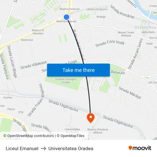 Liceul Emanuel to Universitatea Oradea map