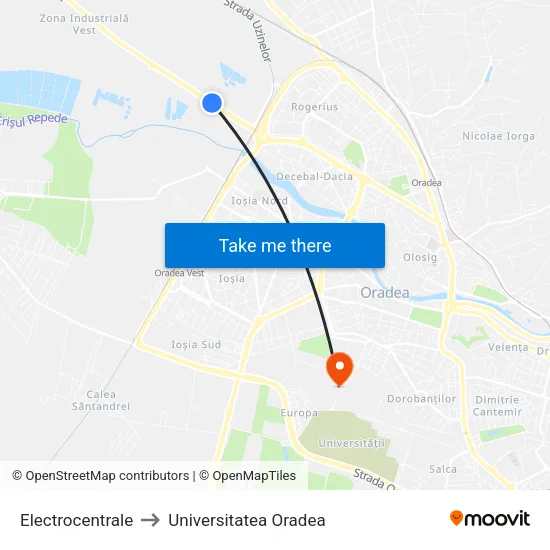 Electrocentrale to Universitatea Oradea map