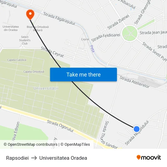Rapsodiei to Universitatea Oradea map