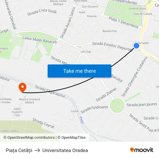 Piața Cetății to Universitatea Oradea map