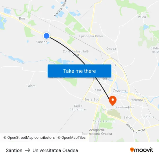 Sântion to Universitatea Oradea map