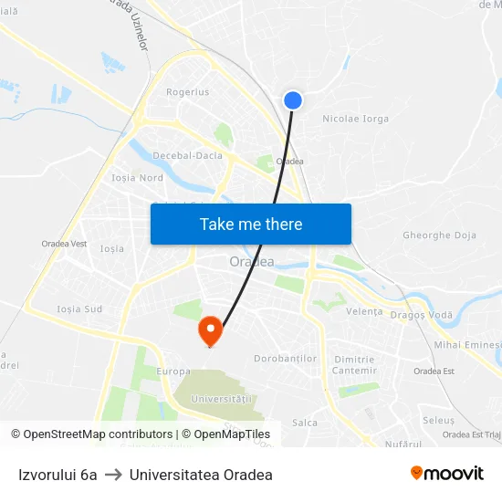 Izvorului 6a to Universitatea Oradea map