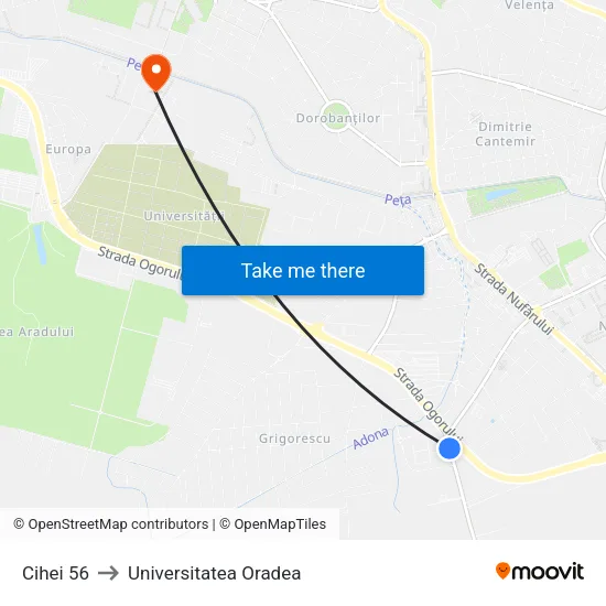 Ciheiului 56 to Universitatea Oradea map