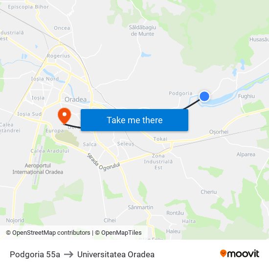 Podgoria 55a to Universitatea Oradea map