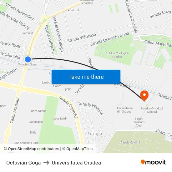 Octavian Goga to Universitatea Oradea map
