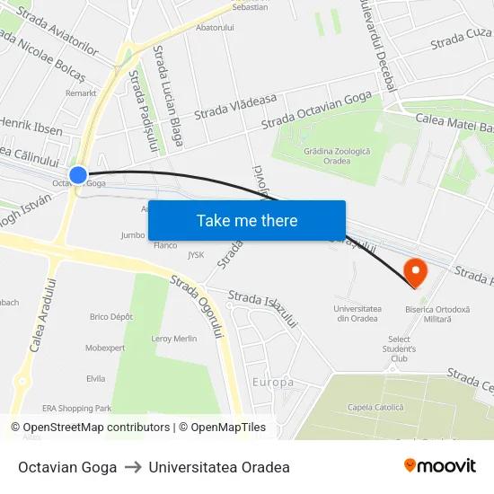 Octavian Goga to Universitatea Oradea map
