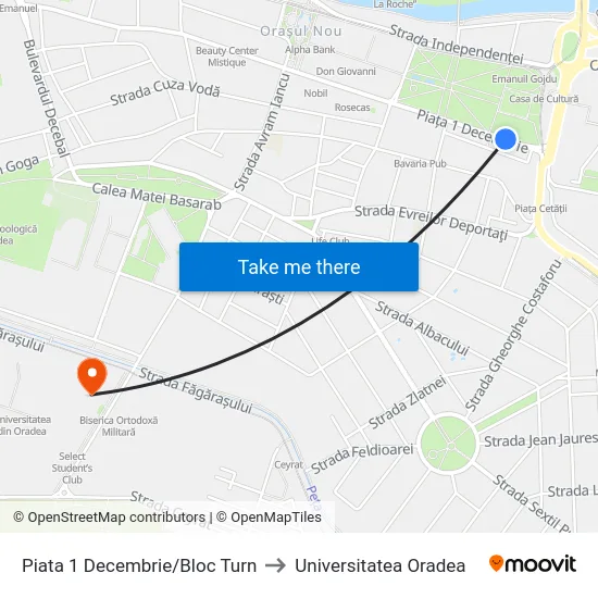 Piata 1 Decembrie/Bloc Turn to Universitatea Oradea map