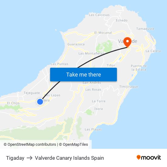Tigaday to Valverde Canary Islands Spain map