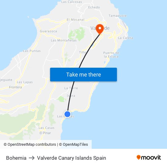 Bohemia to Valverde Canary Islands Spain map