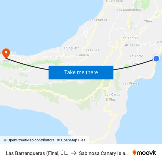 Las Barranqueras (Final, Última Casa) to Sabinosa Canary Islands Spain map