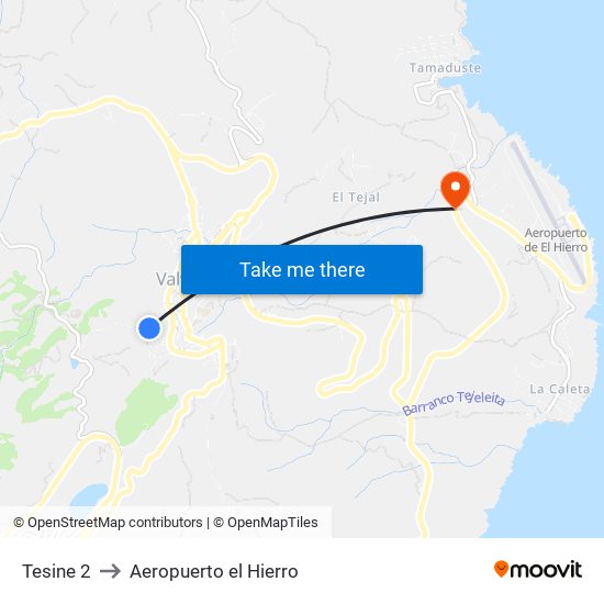 Tesine 2 to Aeropuerto el Hierro map