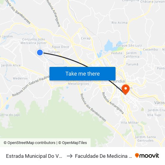 Estrada Municipal Do Varjão, 1221 to Faculdade De Medicina De Jundiaí map