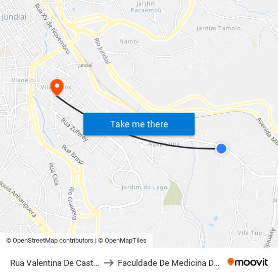 Rua Valentina De Castro, 414 to Faculdade De Medicina De Jundiaí map