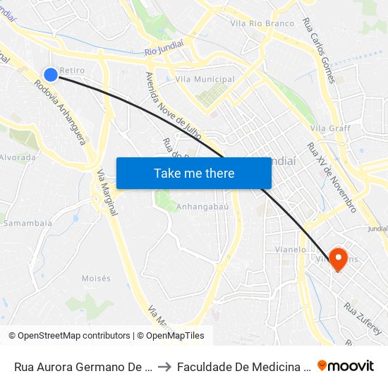 Rua Aurora Germano De Lemos, 11 to Faculdade De Medicina De Jundiaí map