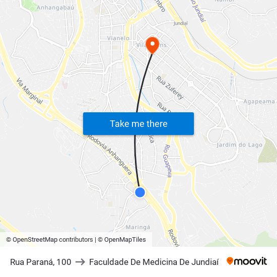 Rua Paraná, 100 to Faculdade De Medicina De Jundiaí map