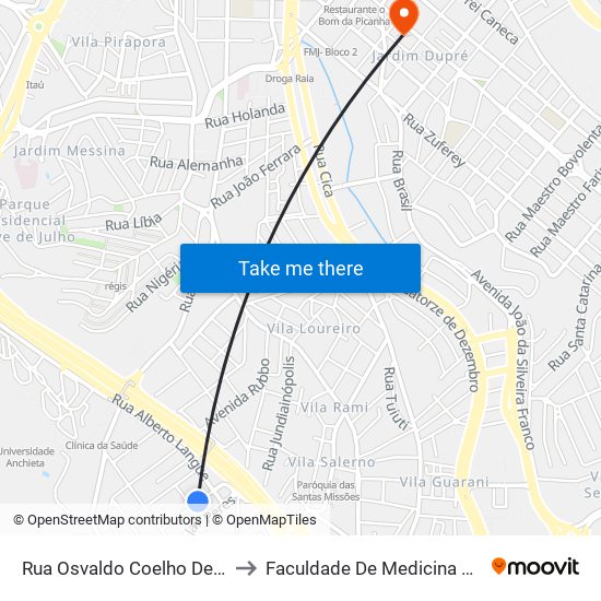 Rua Osvaldo Coelho De Lima, 92 to Faculdade De Medicina De Jundiaí map