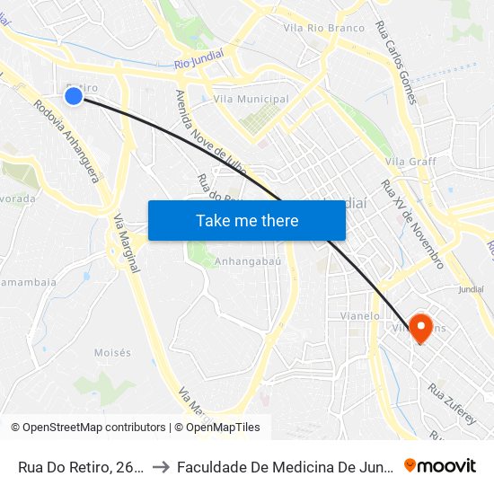 Rua Do Retiro, 2637 to Faculdade De Medicina De Jundiaí map