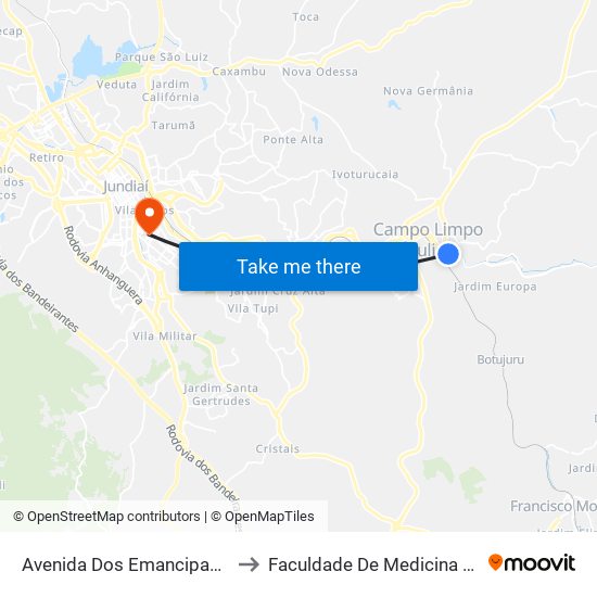 Avenida Dos Emancipadores, 110 to Faculdade De Medicina De Jundiaí map