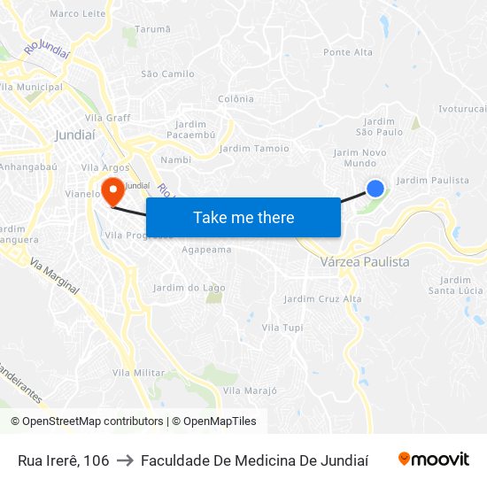 Rua Irerê, 106 to Faculdade De Medicina De Jundiaí map