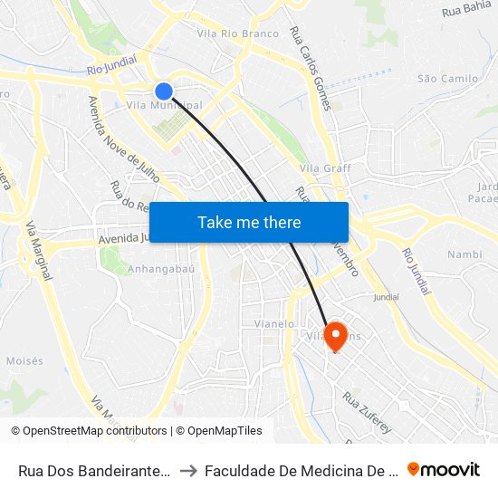 Rua Dos Bandeirantes, 763 to Faculdade De Medicina De Jundiaí map