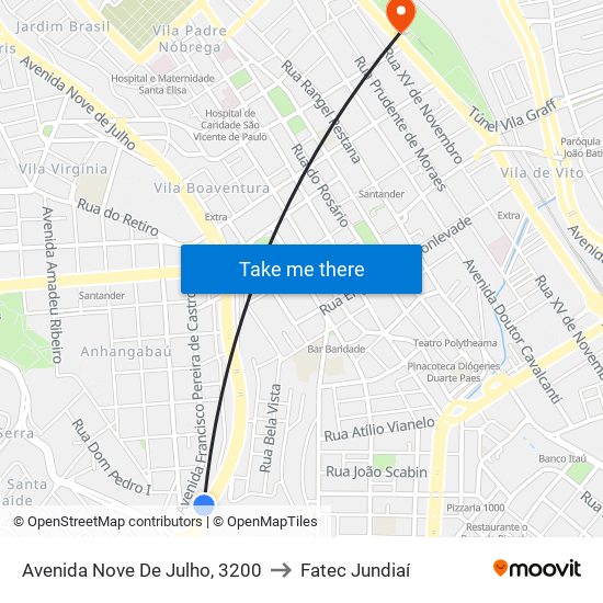 Avenida Nove De Julho, 3200 to Fatec Jundiaí map