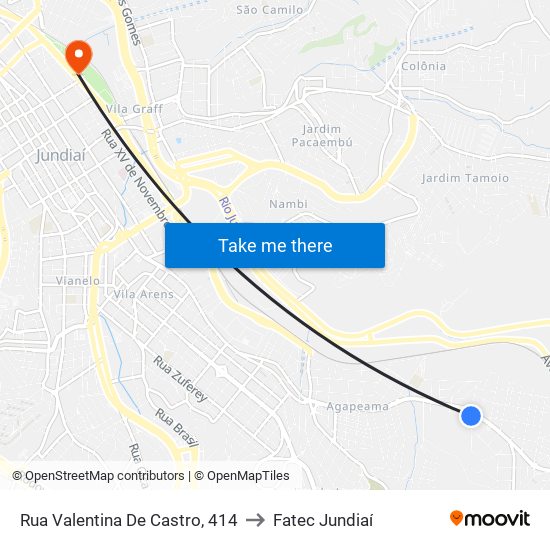 Rua Valentina De Castro, 414 to Fatec Jundiaí map