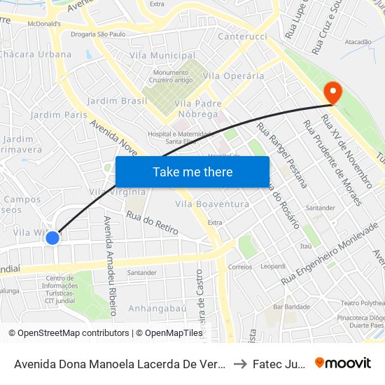 Avenida Dona Manoela Lacerda De Vergueiro, 210 to Fatec Jundiaí map
