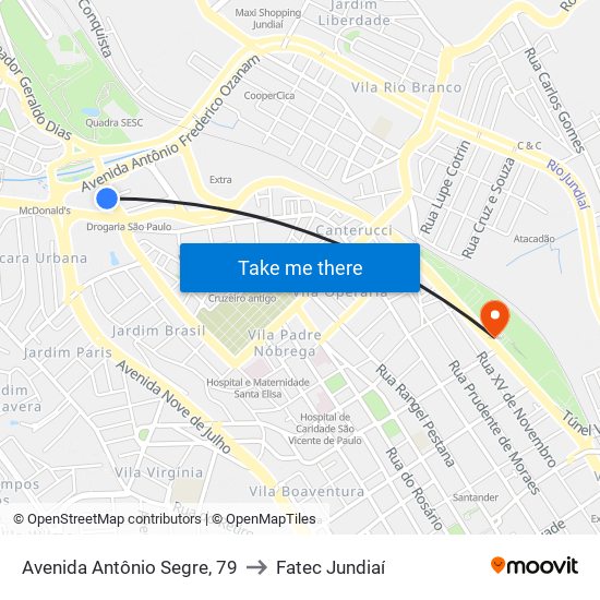 Avenida Antônio Segre, 79 to Fatec Jundiaí map