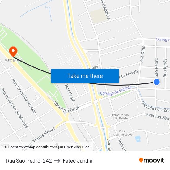 Rua São Pedro, 242 to Fatec Jundiaí map