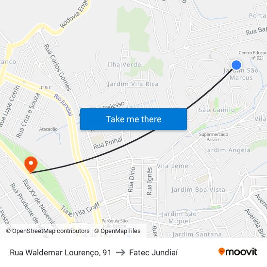 Rua Waldemar Lourenço, 91 to Fatec Jundiaí map