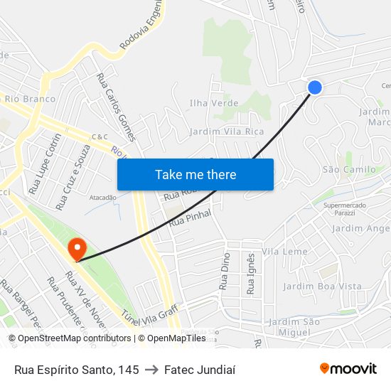 Rua Espírito Santo, 145 to Fatec Jundiaí map