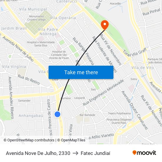 Avenida Nove De Julho, 2330 to Fatec Jundiaí map