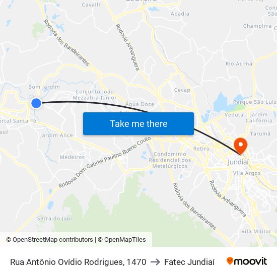 Rua Antônio Ovídio Rodrigues, 1470 to Fatec Jundiaí map