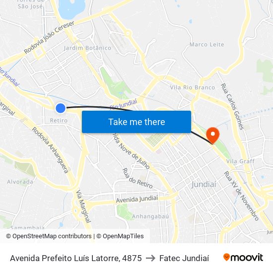 Avenida Prefeito Luís Latorre, 4875 to Fatec Jundiaí map