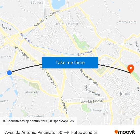 Avenida Antônio Pincinato, 50 to Fatec Jundiaí map