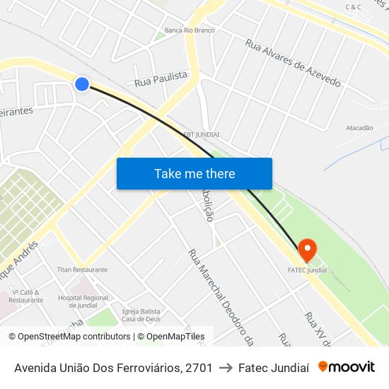 Avenida União Dos Ferroviários, 2701 to Fatec Jundiaí map