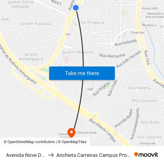 Avenida Nove De Julho, 3200 to Anchieta Carreiras Campus Professor Pedro C. Fornari map