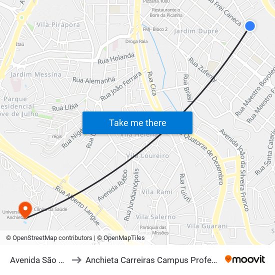 Avenida São Paulo, 391 to Anchieta Carreiras Campus Professor Pedro C. Fornari map