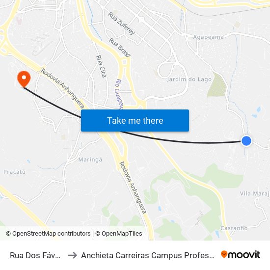 Rua Dos Fávaros, 335 to Anchieta Carreiras Campus Professor Pedro C. Fornari map