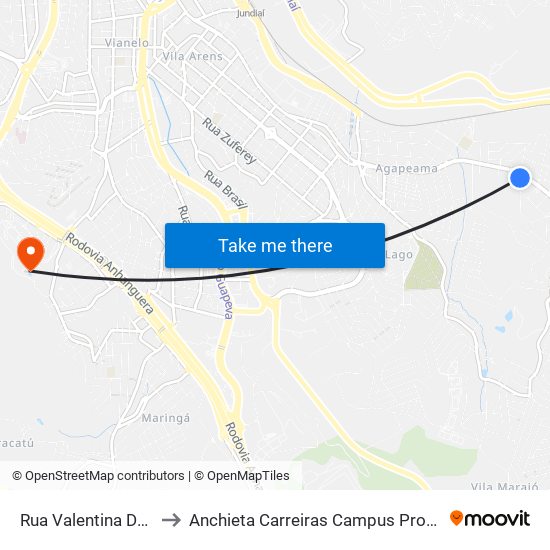 Rua Valentina De Castro, 414 to Anchieta Carreiras Campus Professor Pedro C. Fornari map