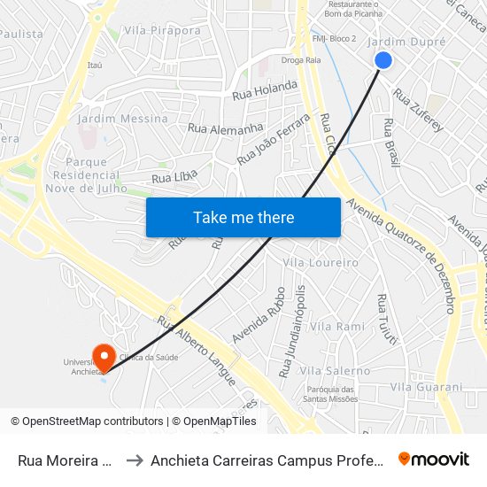 Rua Moreira César, 575 to Anchieta Carreiras Campus Professor Pedro C. Fornari map