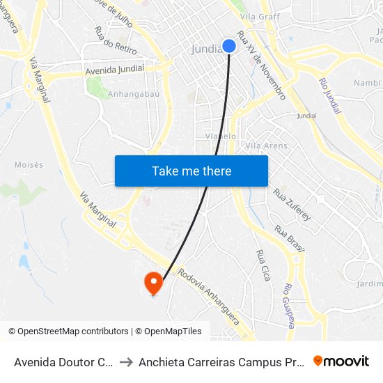 Avenida Doutor Cavalcanti, 1072 to Anchieta Carreiras Campus Professor Pedro C. Fornari map