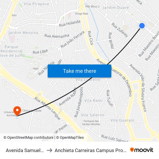 Avenida Samuel Martins, 180 to Anchieta Carreiras Campus Professor Pedro C. Fornari map