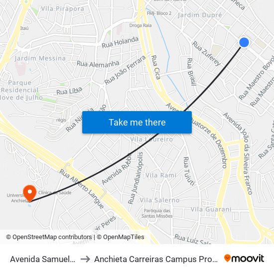 Avenida Samuel Martins, 165 to Anchieta Carreiras Campus Professor Pedro C. Fornari map