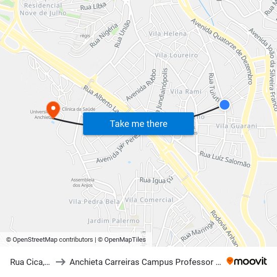 Rua Cica, 1655 to Anchieta Carreiras Campus Professor Pedro C. Fornari map