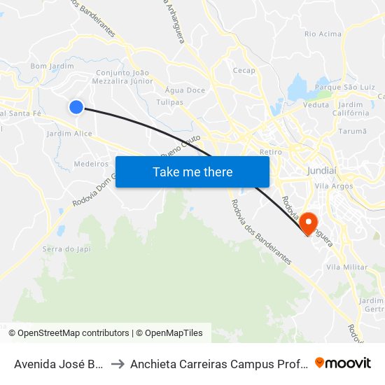 Avenida José Benassi, 1003 to Anchieta Carreiras Campus Professor Pedro C. Fornari map