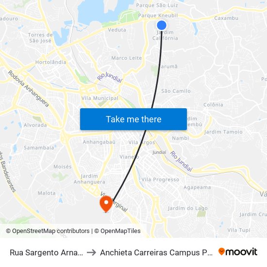 Rua Sargento Arnaldo Mangile, 110 to Anchieta Carreiras Campus Professor Pedro C. Fornari map