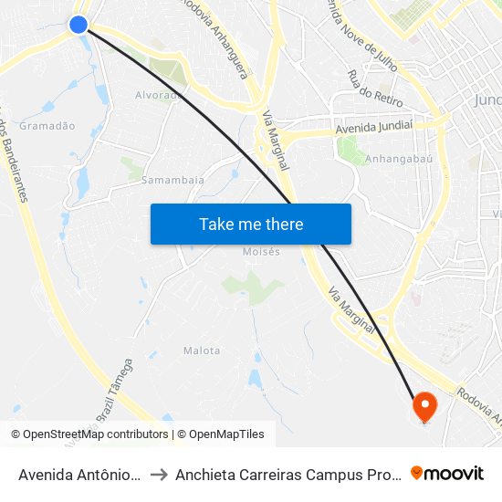 Avenida Antônio Pincinato, 50 to Anchieta Carreiras Campus Professor Pedro C. Fornari map