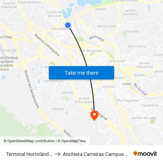 Terminal Hortolândia | Plataforma A5 to Anchieta Carreiras Campus Professor Pedro C. Fornari map